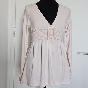 Rienda Agejo Gyaru Baby Pink Babydoll Flared Hem Long Sleeve Top Belt Buckle